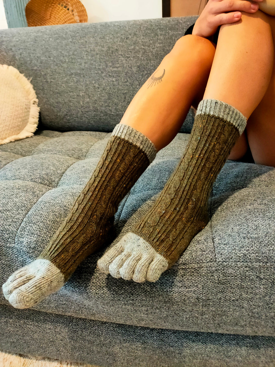 Knitido Socks - Cable Confetti Olive & Grey